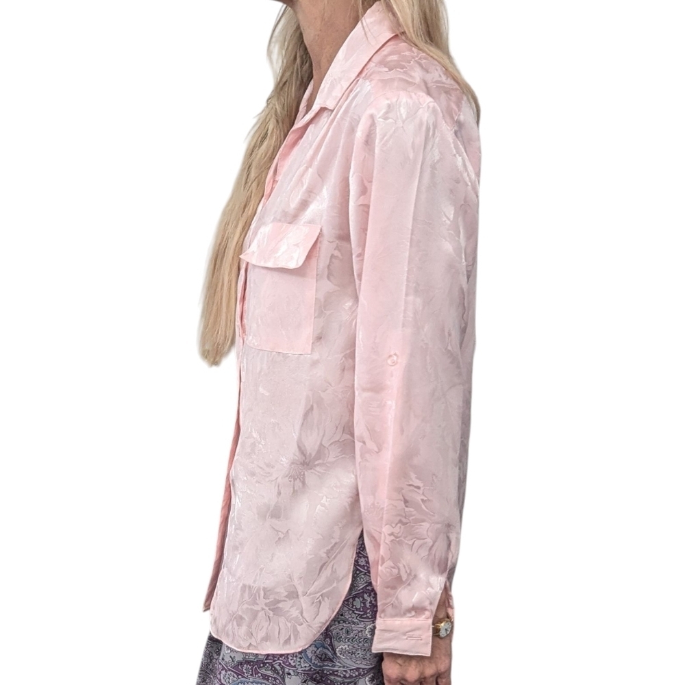 Vintage 80s Pink Satin Floral Blouse Sheer Jacquard Button Up Coquette Romance - Picture 2 of 13